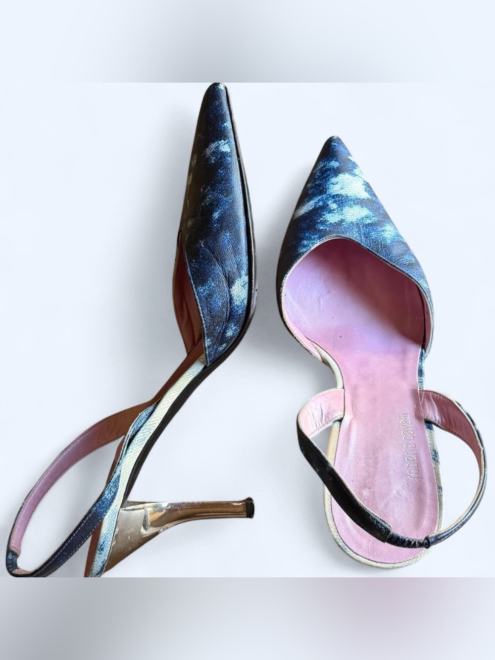 ❤️‍🔥 Y2K Roberto Cavalli slingback pointy toe heels denim print leather size 38